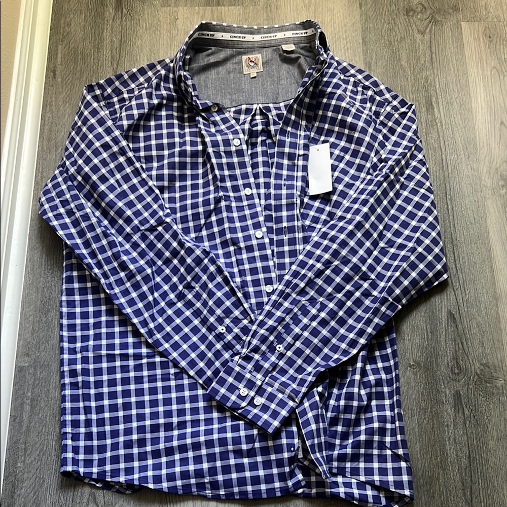 Men's Blue Checkered collared western cinch Shirt NWT